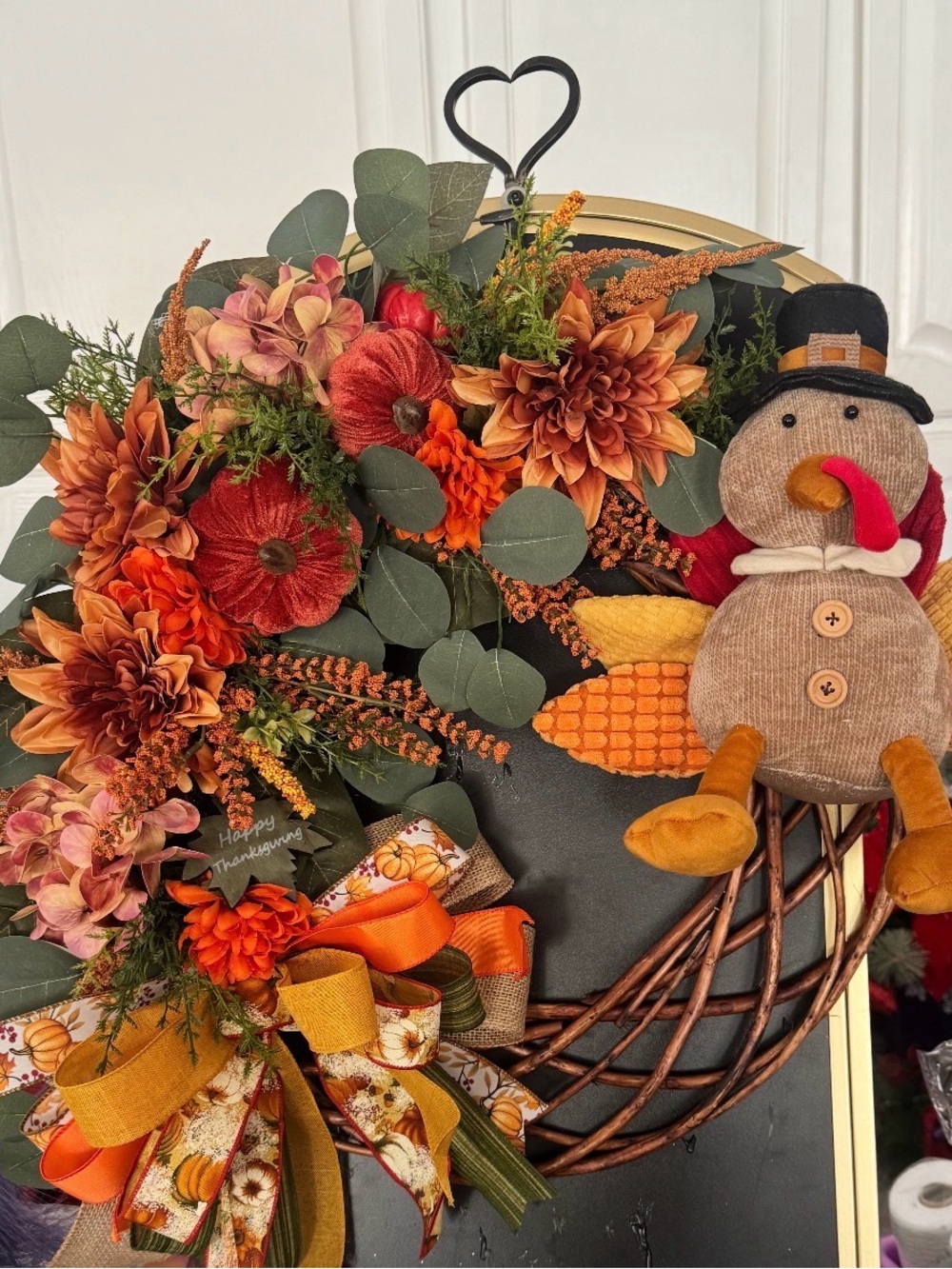 Autumn TURKEY with Velvet Pumpkins and beautiful fall flowers on WILLOW WREATH
